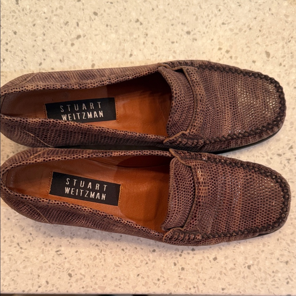 Stuart Weitzman Textured Brown Slip-Ons
